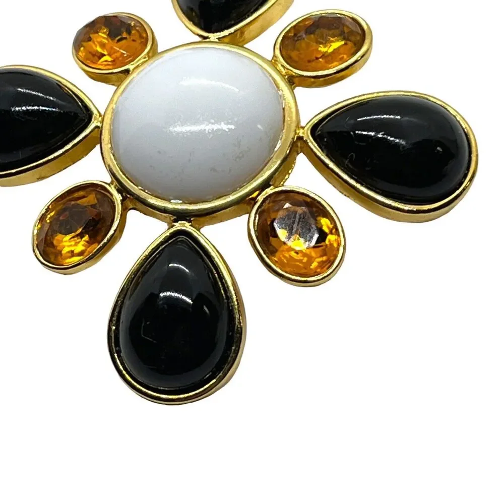 Joan Rivers Maltese Cross Brooch Pin Signed Large Black Faux Amber & Pearl Gems